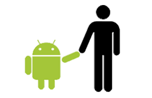 Imagem do Bugdroid segurando o braço de uma pessoa.